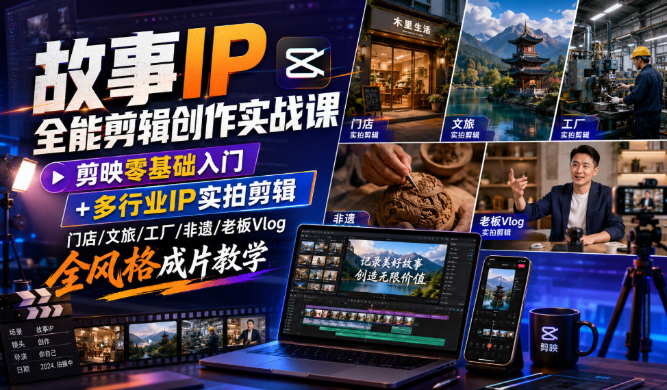 故事IP全能剪辑创作实战课|剪映零基础入门+多行业IP实拍剪辑,门店/文旅/工厂/非遗/老板Vlog全风格成片教学-驿想项目网