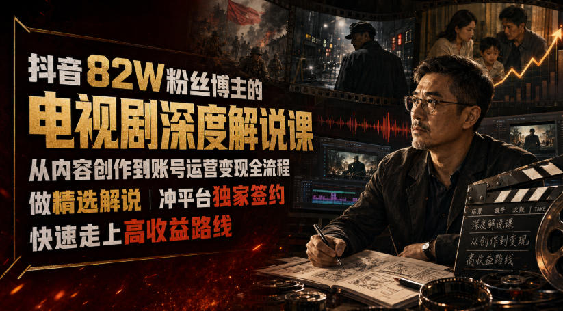 抖音82W粉丝博主的电视剧深度解说课，从内容创作到账号运营变现全流程，做精选解说，冲平台独家签约，快速走上高收益路线-驿想项目网