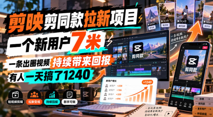 剪映剪同款拉新项目，一个新用户7米，一条出圈视频持续带来回报，有人一天搞了1240-驿想项目网