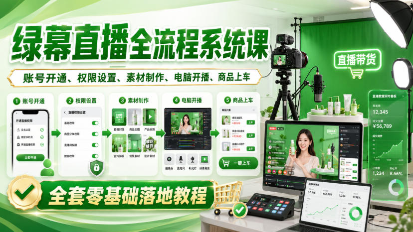 绿幕直播全流程系统课，账号开通、权限设置、素材制作、电脑开播、商品上车全套零基础落地教程-驿想项目网