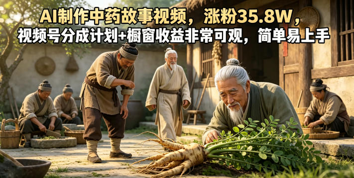 AI制作中药故事视频，涨粉35.8W，视频号分成计划+橱窗收益非常可观，简单易上手-驿想项目网