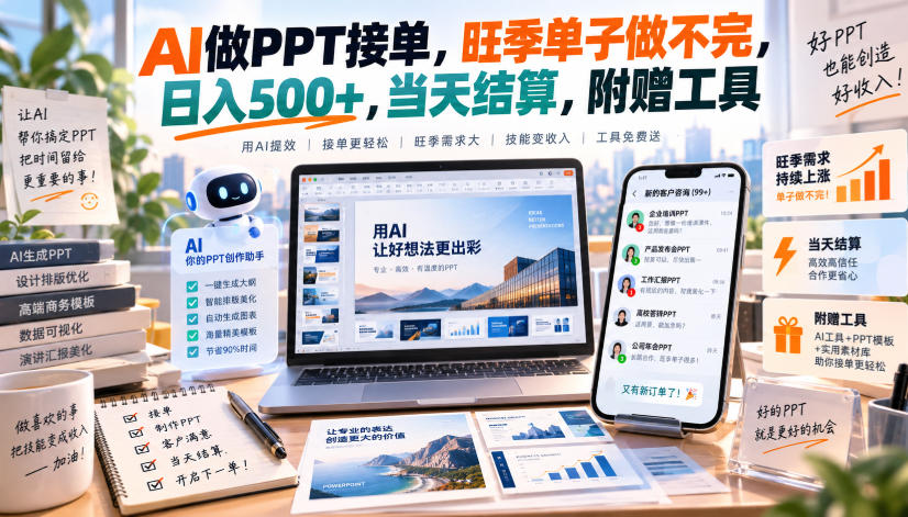 AI做PPT接单,旺季单子做不完,日入500+,当天结算,附赠工具【揭秘】-驿想项目网