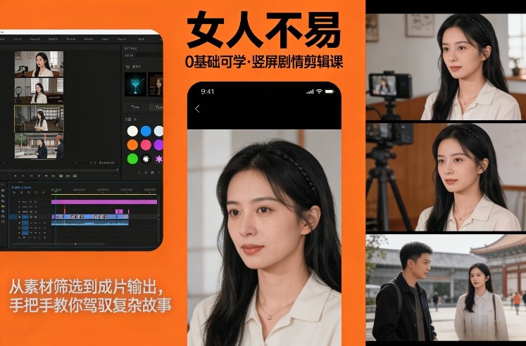 0基础可学！《女人不易》竖屏剧情剪辑课，从素材筛选到成片输出，手把手教你驾驭复杂故事-驿想项目网