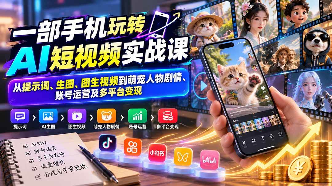 (20663期)一部手机玩转AI短视频实战课:从提示词、生图、图生视频到萌宠人物剧情、账号运营及多平台变现-驿想项目网