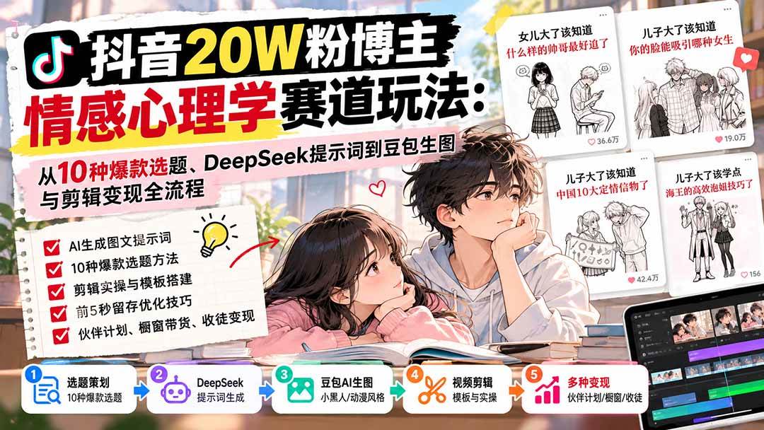 （20688期）抖音20W粉博主-情感心理学赛道玩法：从10种爆款选题、DeepSeek提示词到豆包生图与剪辑变现全流程-驿想项目网