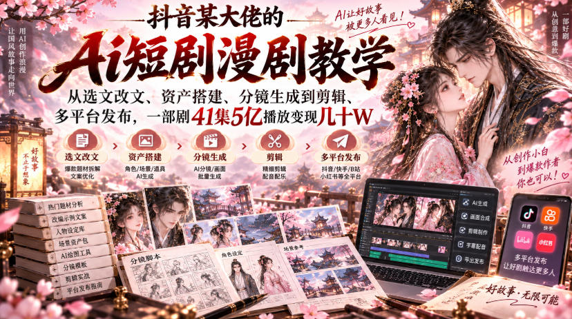 抖音某大佬的Ai短剧漫剧教学,从选文改文、资产搭建、分镜生成到剪辑、多平台发布,一部剧41集5亿播放变现几十W-驿想项目网