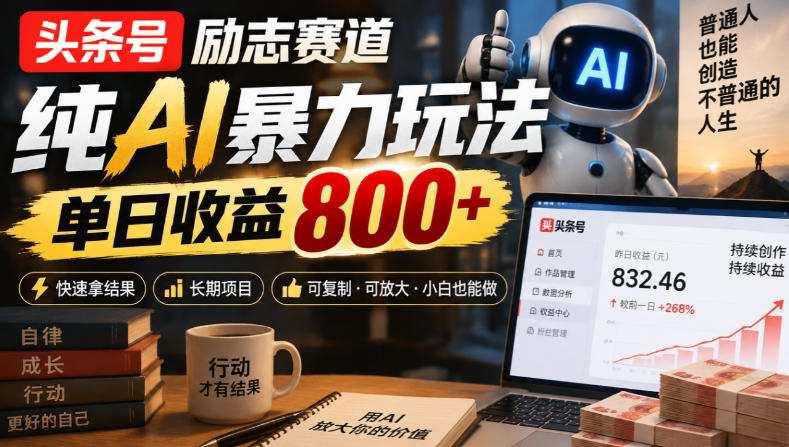 头条号励志赛道，纯AI暴力玩法，单日收益800+，快速拿结果，长期项目-驿想项目网
