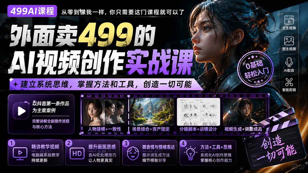 (20307期)外面卖499的AI视频创作实战课:建立系统思维,掌握方法和工具,创造一切可能。-驿想项目网