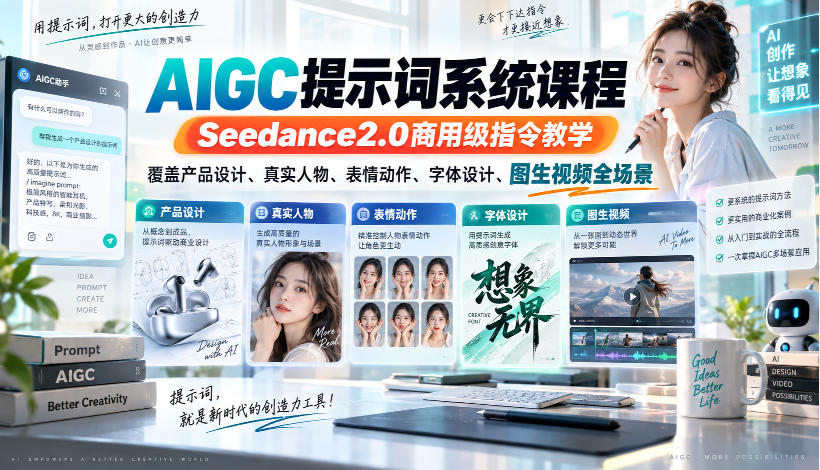 AIGC提示词系统课程,Seedance2.0商用级指令教学,覆盖产品设计、真实人物、表情动作、字体设计、图生视频全场景 AIGC提示词系统课程,Seedance2.0商用级指令教学,覆盖产品设计、真实人物、表情动作、字体设计、图生视频全场景