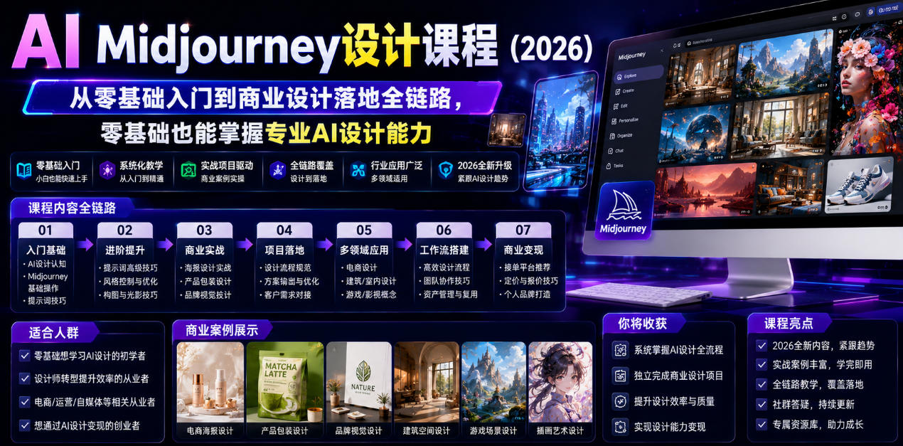 AI Midjourney设计课程（2026），从零基础入门到商业设计落地全链路，零基础也能掌握专业AI设计能力（更新1007）-驿想项目网