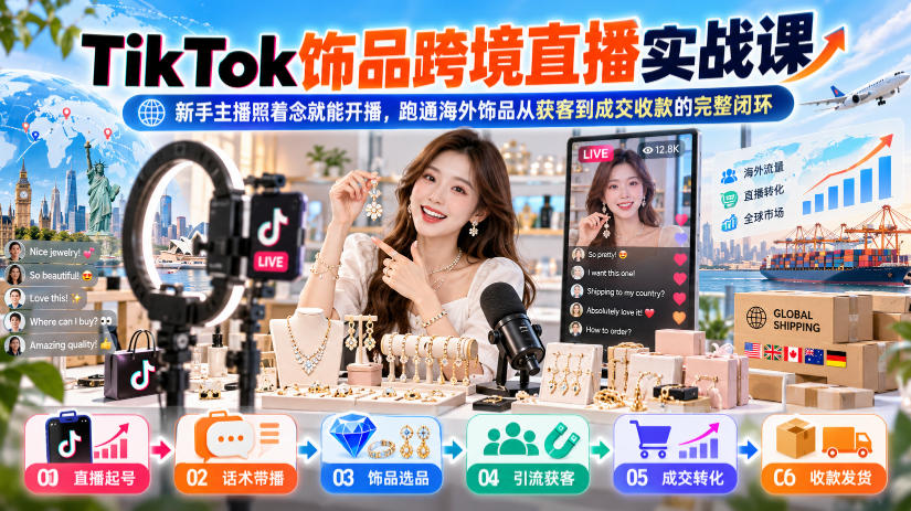 TikTok饰品跨境直播实战课，新手主播照着念就能开播，跑通海外饰品从获客到成交收款的完整闭环-驿想项目网