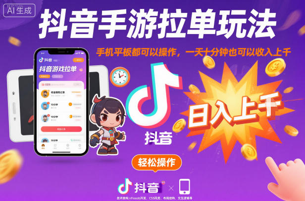 抖音手游拉单玩法，手机平板都可以操作，一天十分钟也可以收入上K【揭秘】-驿想项目网