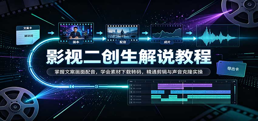 影视二创解说教程：掌握文案画面配音，学会素材下载转码，精通剪辑与声音克隆实操-驿想项目网