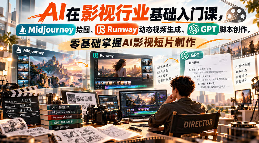 【无水印】AI在影视行业基础入门课，Midjourney绘图、Runway动态视频生成、GPT脚本创作，零基础掌握AI影视短片制作-驿想项目网