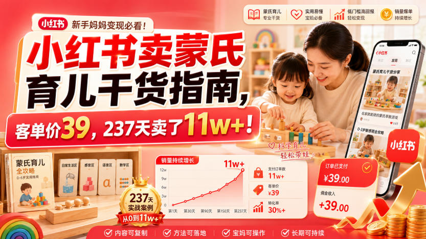 小红书卖蒙氏育儿干货指南，客单价39，237天卖了11w+！-驿想项目网