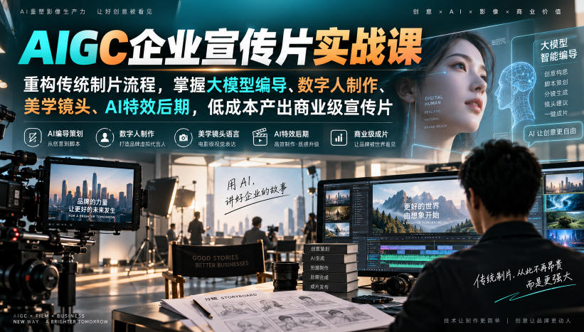 AIGC企业宣传片实战课,重构传统制片流程,掌握大模型编导、数字人制作、美学镜头、AI特效后期,低成本产出商业级宣传片-驿想项目网