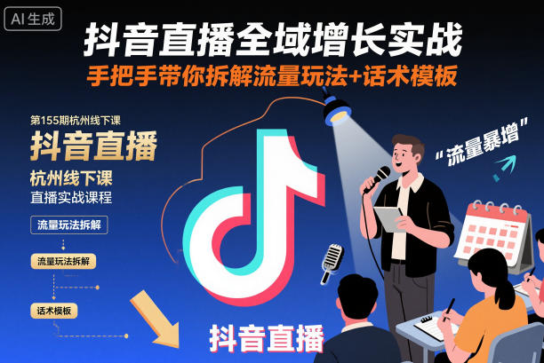 抖音直播全域增长实战第155期杭州线下课,手把手带你拆解流量玩法+话术模板-驿想项目网