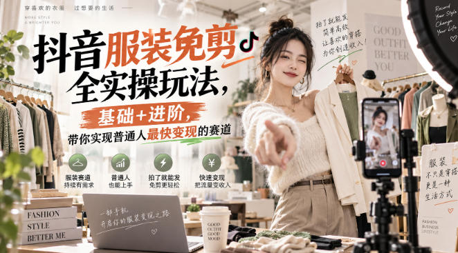 抖音服装免剪全实操玩法，基础+进阶，带你实现普通人最快变现的赛道-驿想项目网