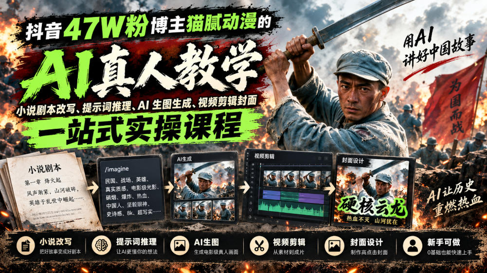 抖音47W粉博主猫腻动漫的AI真人漫剧教学,小说剧本改写、提示词推理、AI生图生成、视频剪辑封面一站式实操课程-驿想项目网
