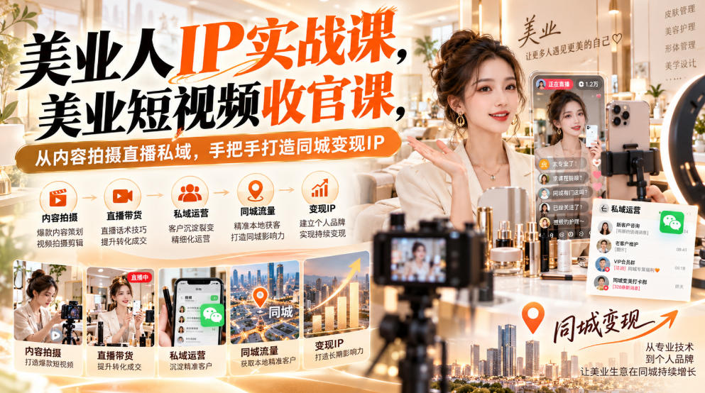 【无水印】美业人IP实战课，美业短视频收官课，从内容拍摄直播私域，手把手打造同城变现IP-驿想项目网