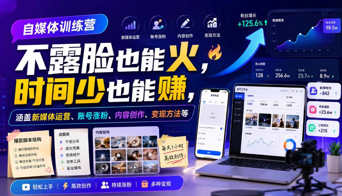 自媒体训练营，不露脸也能火，时间少也能賺，涵盖新媒体运营、账号涨粉、内容创作、变现方法等-驿想项目网