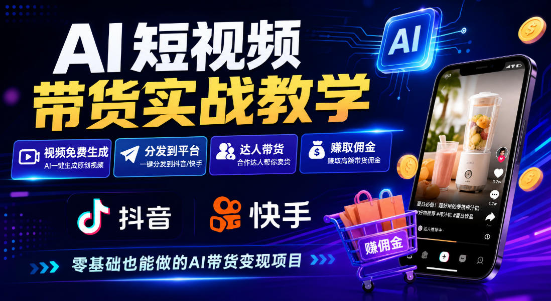 AI短视频带货实战教学，视频免费生成，分发到抖音快手平台，达人带货賺佣金-驿想项目网