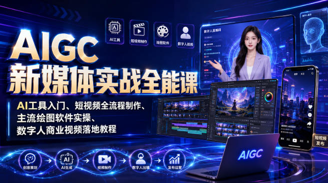AIGC新媒体实战全能课｜AI工具入门、短视频全流程制作、主流绘图软件实操、数字人商业视频落地教程-驿想项目网