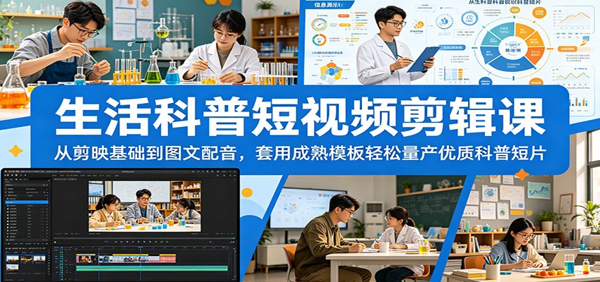 生活科普短视频剪辑课：从剪映基础到图文配音，套用成熟模板轻松量产优质科普短片-驿想项目网