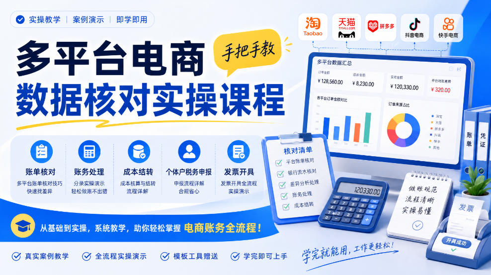 多平台电商数据核对实操课程，手把手教账单核对、账务处理、成本结转、个体户税务申报与发票开具-驿想项目网