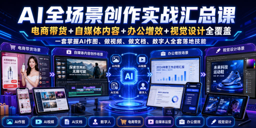 AI全场景创作实战汇总课｜电商带货+自媒体内容+办公增效+视觉设计全覆盖，一套掌握AI作图、做视频、做文档、数字人全套落地技能-驿想项目网