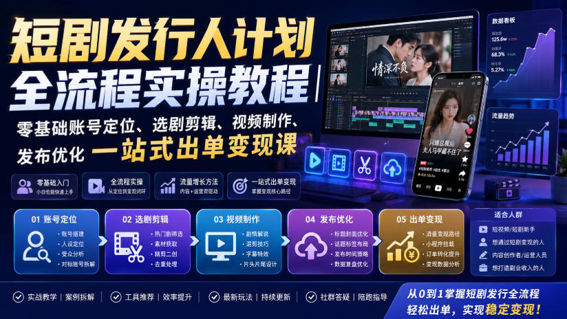短剧发行人计划全流程实操教程|零基础账号定位、选剧剪辑、视频制作、发布优化一站式出单变现课-驿想项目网