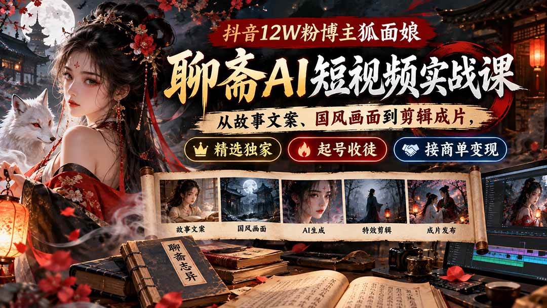 (20639期)抖音12W粉博主狐面娘-聊斋AI短视频实战课:从故事文案、国风画面到剪辑成片,精选独家+起号收徒+接商单变现-驿想项目网