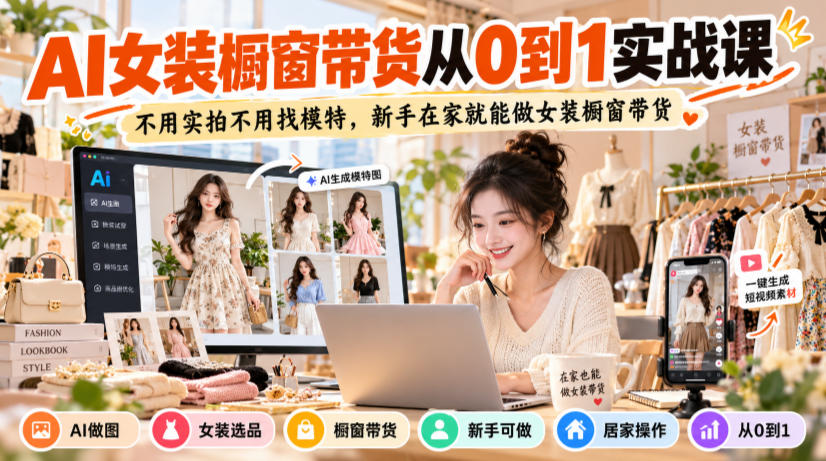 AI女装橱窗带货从0到1实战课，不用实拍不用找模特，新手在家就能做女装橱窗带货-驿想项目网