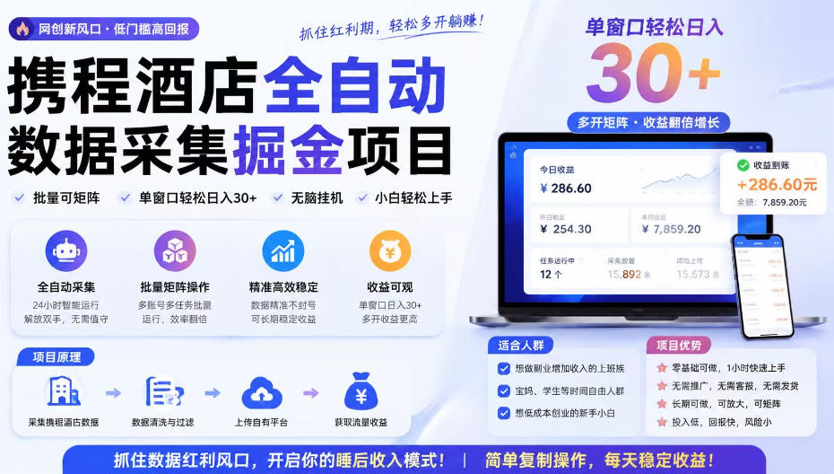 携程酒店采集挂G项目，批量可矩阵，单机轻松日入300+，开启你的睡后收入模式!【揭秘】-驿想项目网