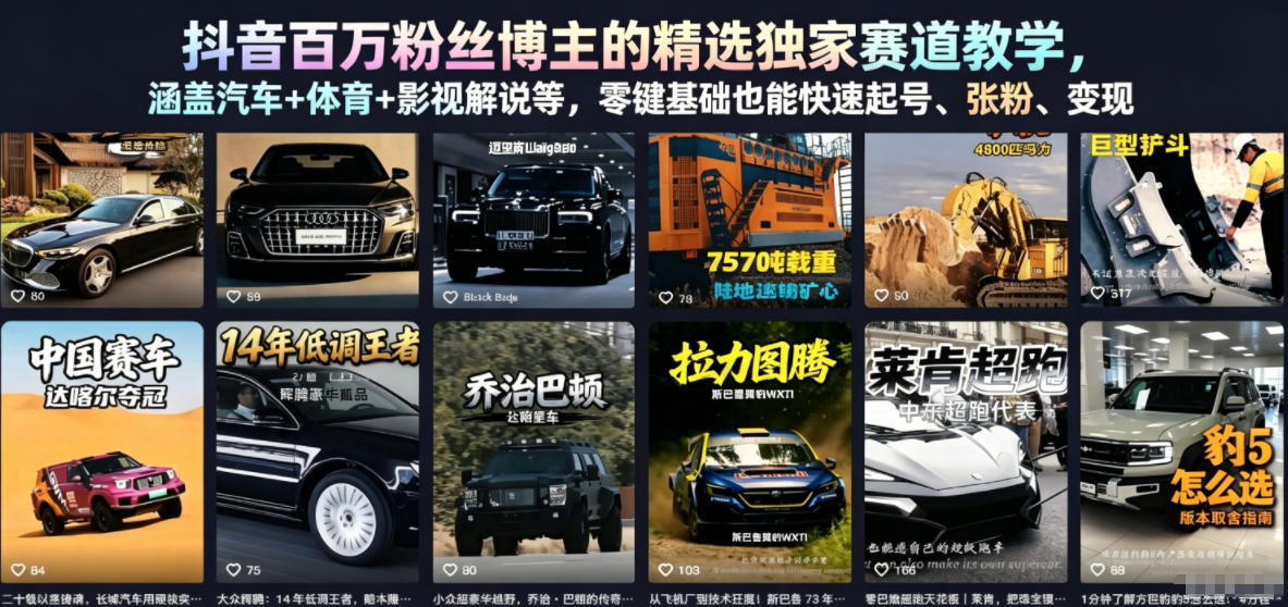 抖音百万粉丝博主的精选独家赛道教学，涵盖汽车+体育+影视解说等，零基础也能快速起号、涨粉、变现-驿想项目网