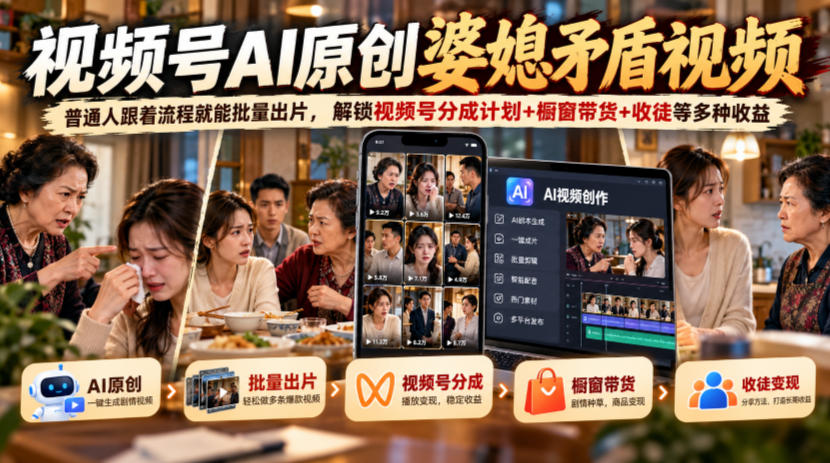 视频号ai原创婆媳矛盾视频，普通人跟着流程就能批量出片，解锁视频号分成计划+橱窗带货+收徒等多种收益-驿想项目网