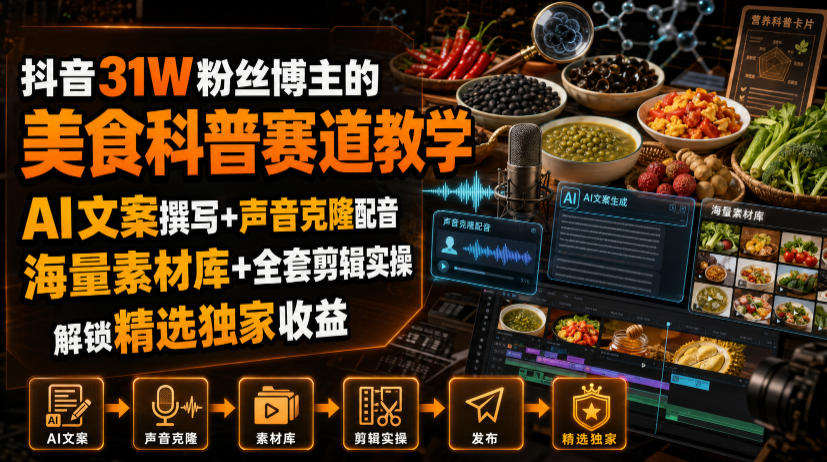 抖音31W粉丝博主的美食科普赛道教学,AI文案撰写+声音克隆配音+剪辑实操,解锁精选独家收益-驿想项目网