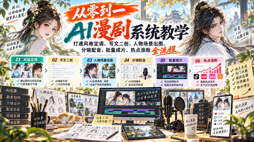 从零到一AI漫剧系统教学,打通风格定调、写文二创、人物场景出图、分镜配音、批量成片、热点涨粉全流程-驿想项目网