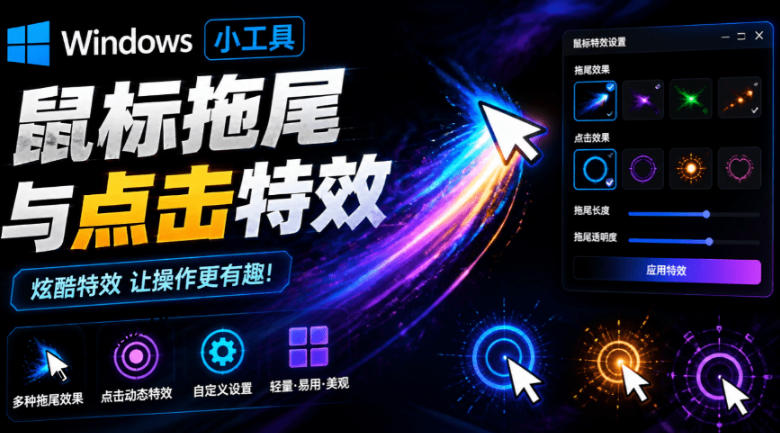 Windows特效小工具！一键给你的鼠标添加拖尾与点击动态特效，吾爱出品，免费使用Mouse Trail-驿想项目网