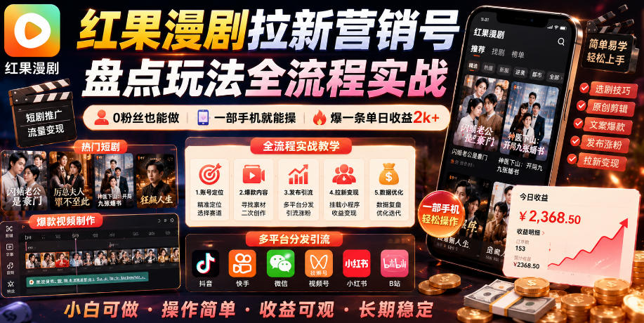 红果漫剧拉新营销号盘点玩法全流程实战,0粉丝也能做,一部手机就能做,爆一条单日收益2k+(更新0922)-驿想项目网