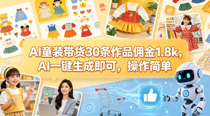 AI童装带货30条作品佣金1.8k，AI一键生成即可，操作简单-驿想项目网