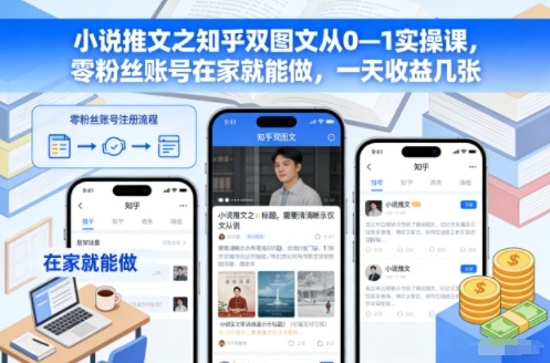 小说推文之知乎双图文从0—1实操课,零粉丝账号在家就能做,一天收益几张-驿想项目网