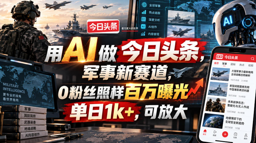 用AI做今日头条,军事新赛道,0粉丝照样百万曝光,单日1k+,可放大-驿想项目网