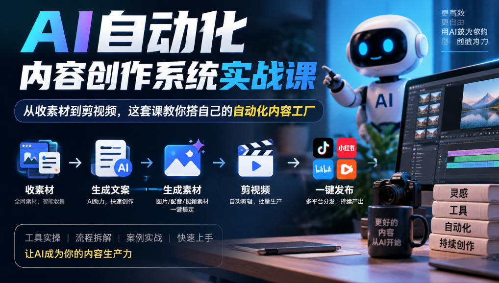 AI自动化内容创作系统实战课，从收素材到剪视频，这套课教你搭自己的自动化内容工厂-驿想项目网