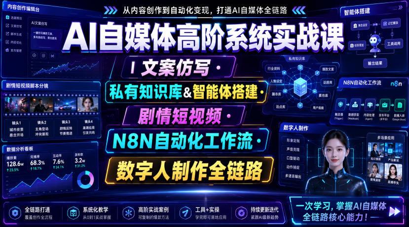 AI自媒体高阶系统实战课｜文案仿写・私有知识库&智能体搭建・剧情短视频・N8N自动化工作流・数字人制作全链路-驿想项目网