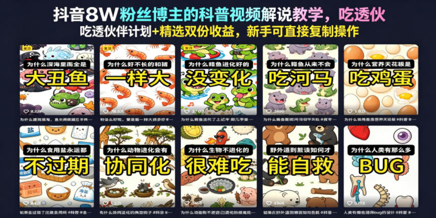 抖音8W粉丝博主的科普视频解说教学，吃透伙伴计划+精选双份收益，新手可直接复制操作-驿想项目网