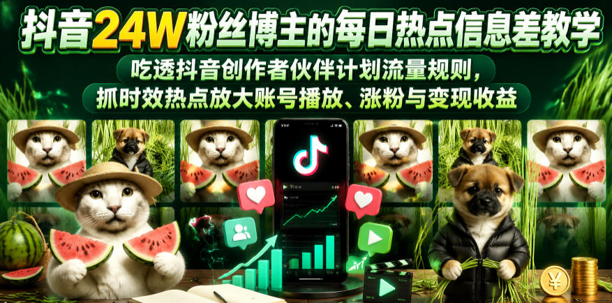抖音24W粉丝博主的每日热点信息差教学，吃透创作者伙伴计划流量规则，抓时效热点放大账号播放、涨粉与变现收益-驿想项目网