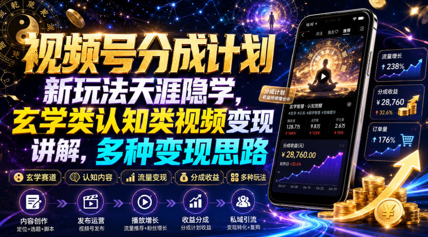 视频号分成计划新玩法天涯隐学，玄学类认知类视频变现讲解，多种变现思路-驿想项目网