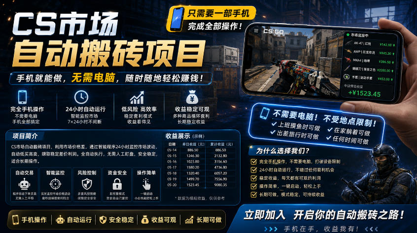 手机即可操作的CS市场自动搬砖系统｜自动监控｜自动下单|日入300+【揭秘】-驿想项目网