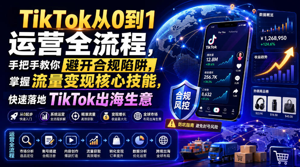 TikTok从0到1运营全流程,手把手教你避开合规陷阱,掌握流量变现核心技能,快速落地TikTok出海生意(更新8月)-驿想项目网